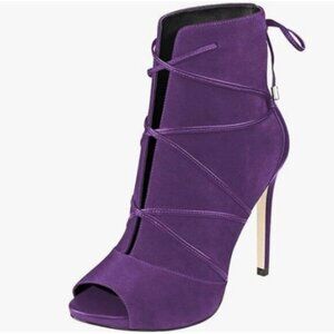 YDN Dark Violet Peep Toe Faux Suede Platform Stiletto Heels Lace Up Ankle Boot
